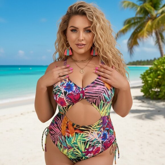 🆕️0XL Vibrant Plus Size Tropical Print Summer Vacay Trendy One Piece Swimsuit - Picture 9 of 9